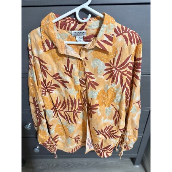 John Paul Richard Uniform Womens Plus 2XL 100% Linen Button Down Floral Blouse - Picture 3 of 7